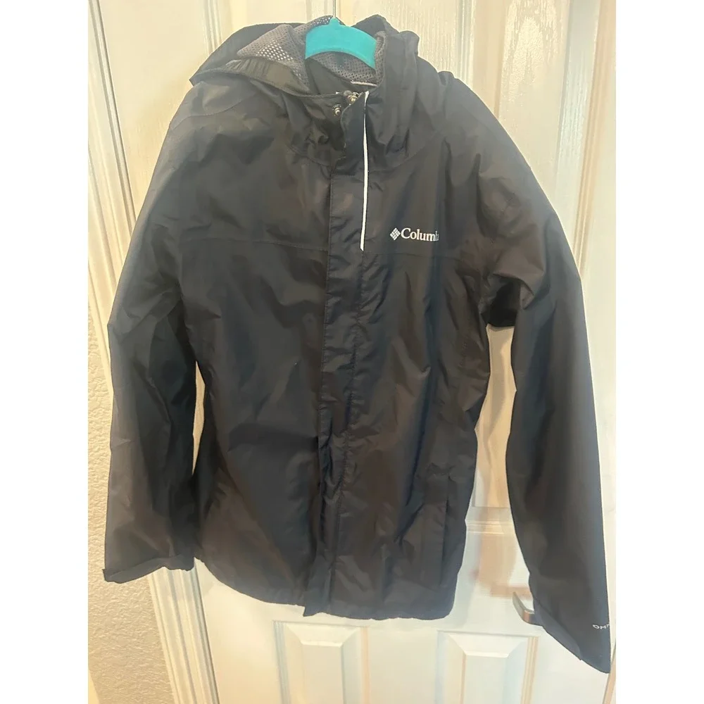 Columbia Rain Jacket Black Omni-Tech Waterproof Hooded Shell Kids M 10/12